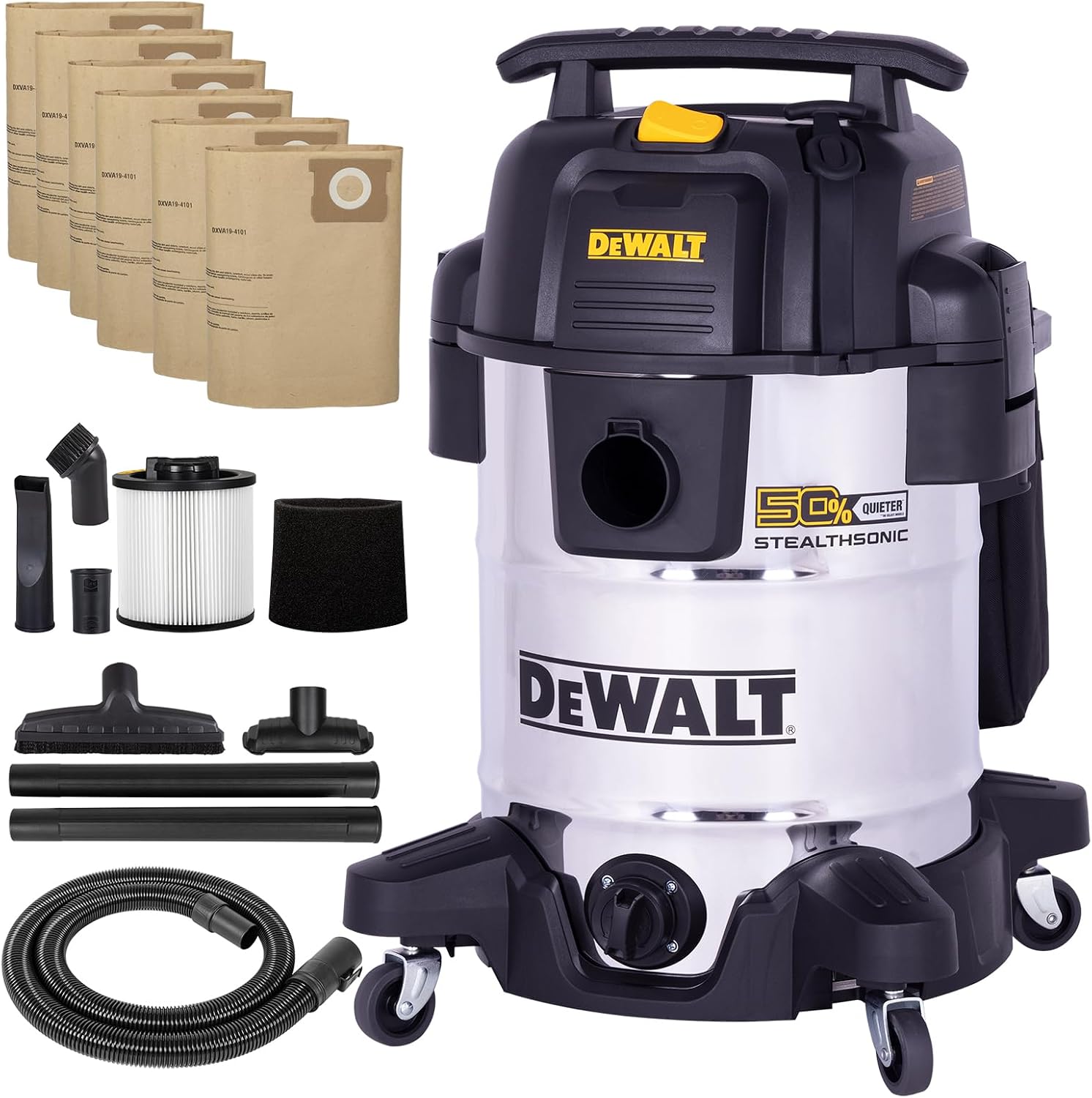 DEWALT ASPIRADORA DE TALLER STEALTHSONIC DE 10 GALONES PARA HÚMEDO Y SECO, ASPIRADORA DE ACERO INOXIDABLE RESISTENTE DE 5 - 1