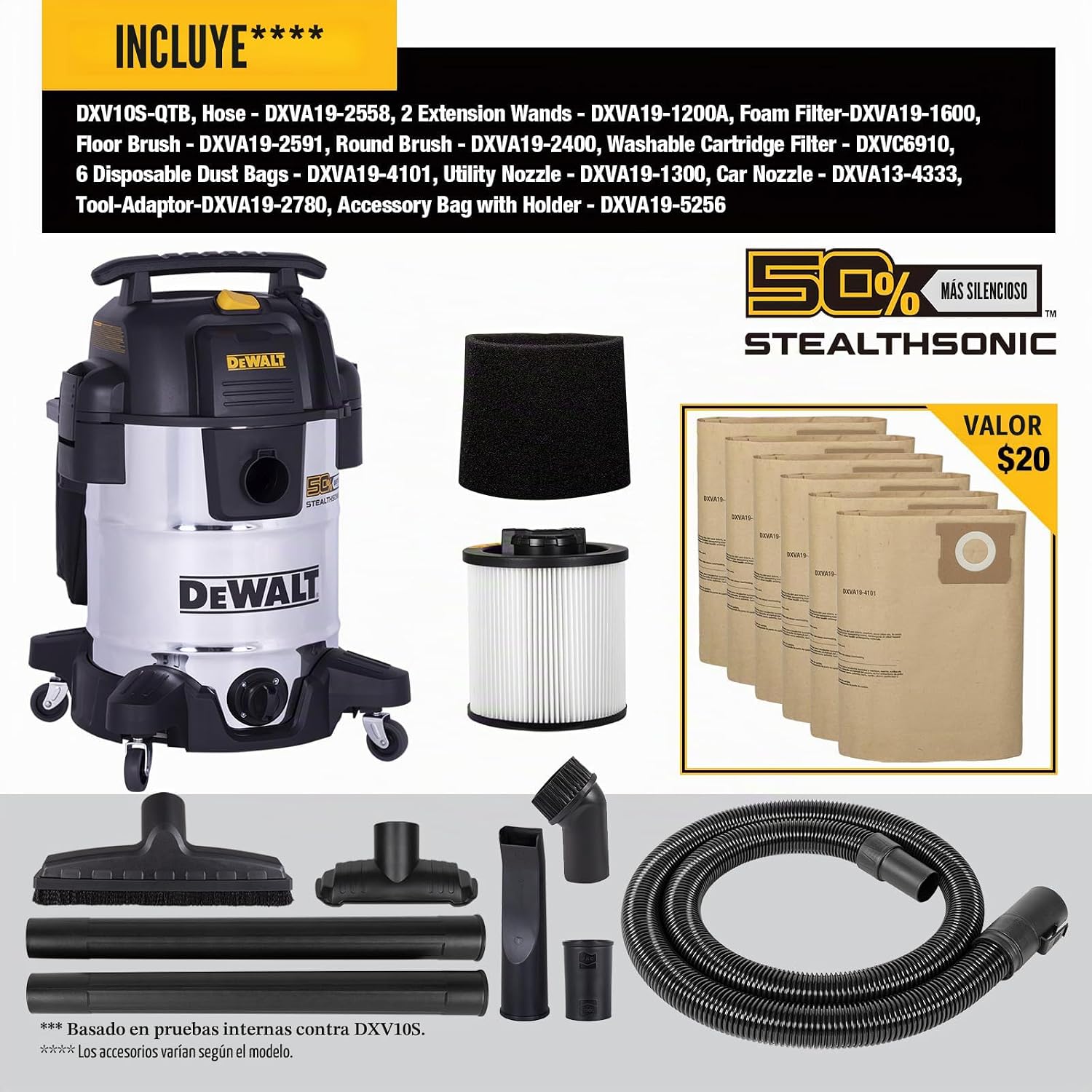 DEWALT ASPIRADORA DE TALLER STEALTHSONIC DE 10 GALONES PARA HÚMEDO Y SECO, ASPIRADORA DE ACERO INOXIDABLE RESISTENTE DE 5 - 2
