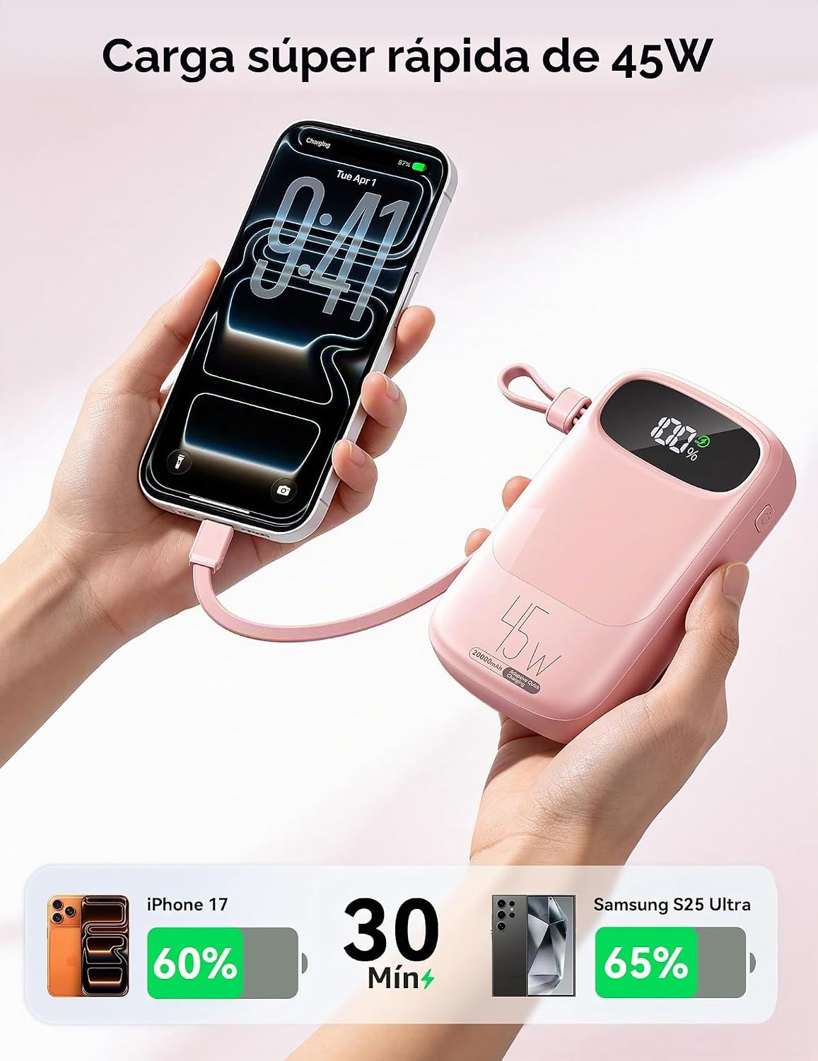 RETMSR PORTABLE CHARGER 20000MAH 45W USB C FAST CHARGING, BUILT-IN CABLE - 2