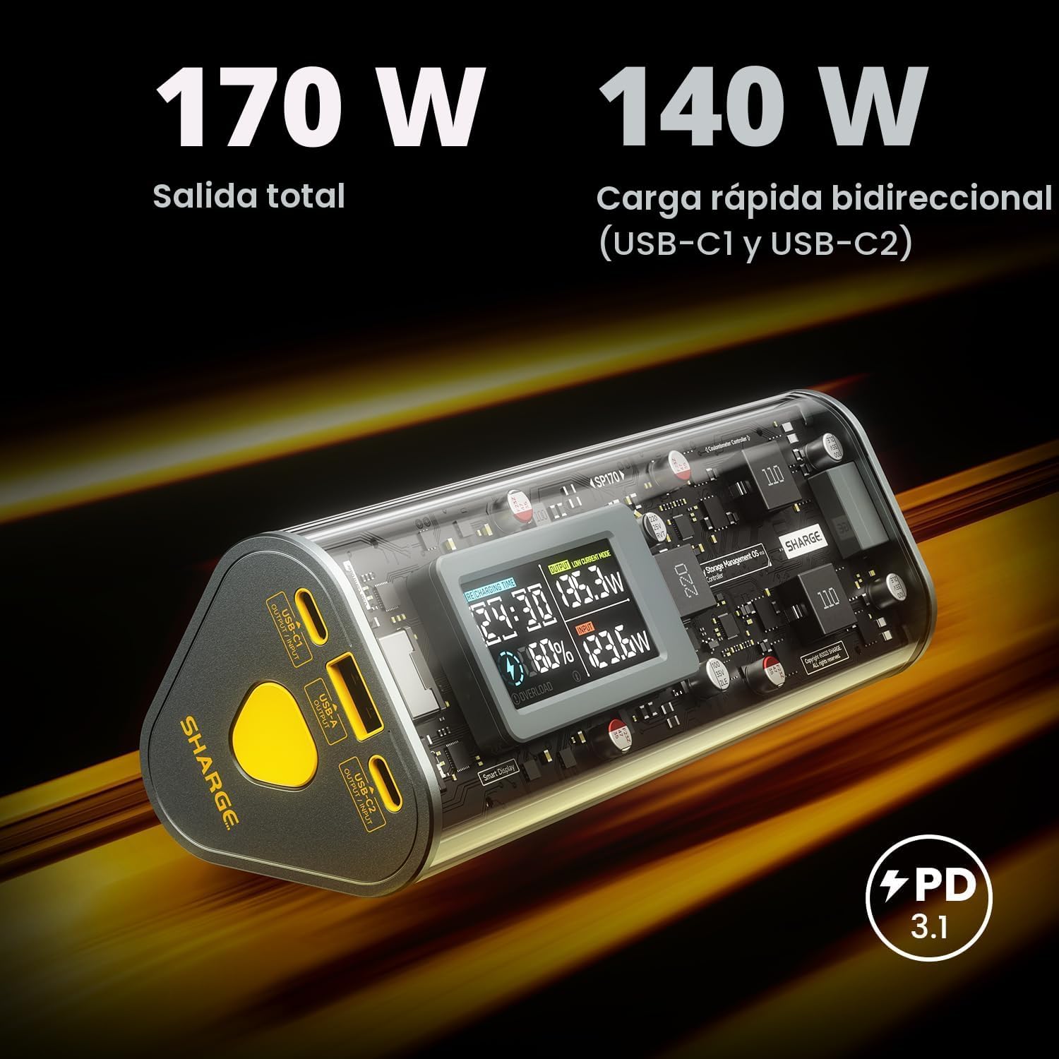 SHARGE BANCO DE ENERGÍA EK 170, CARGADOR PORTÁTIL DE 140W 24000MAH/86.4WH - 2