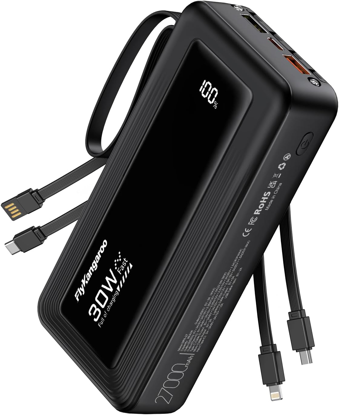 CARGADOR PORTÁTIL CON CABLES INCORPORADOS, 27000MAH SLIM 30W CARGADOR DE ENERGÍA DE CARGA RÁPIDA CON PANTALLA LED, BATERÍA - 1