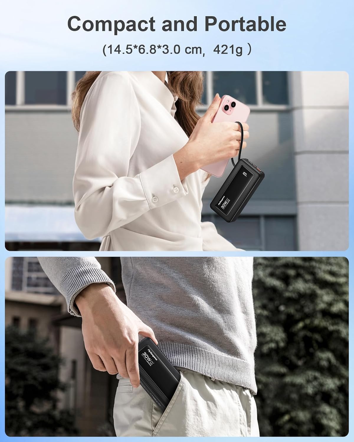 CARGADOR PORTÁTIL CON CABLES INCORPORADOS, 27000MAH SLIM 30W CARGADOR DE ENERGÍA DE CARGA RÁPIDA CON PANTALLA LED, BATERÍA - 7