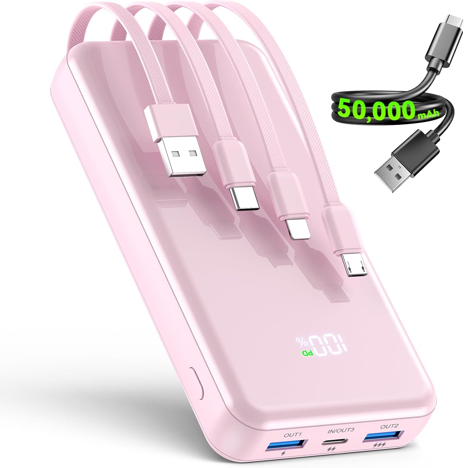 PORTABLE CHARGER,50000MAH POWER BANK BUILT-IN CABLE, 22.5W PD USB C IN Y OUT FAST CHARGING, EXTERNAL BATTERY PACK WITH 6 - 1