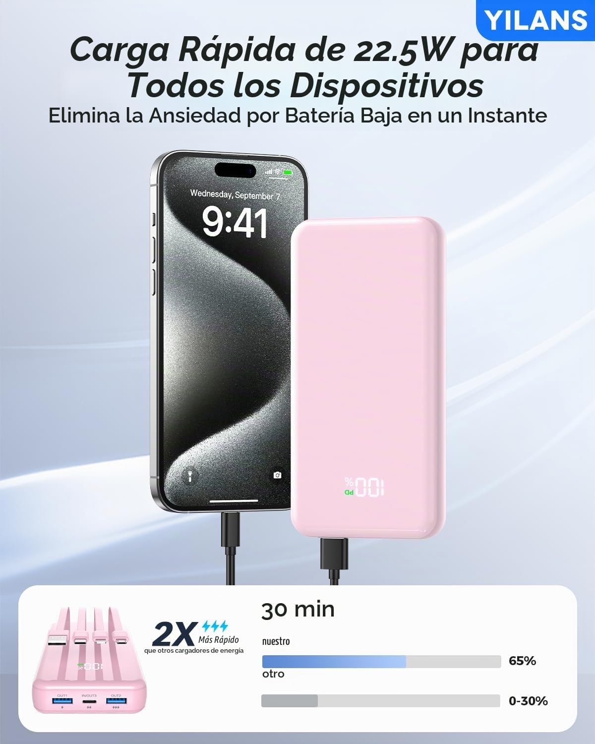 PORTABLE CHARGER,50000MAH POWER BANK BUILT-IN CABLE, 22.5W PD USB C IN Y OUT FAST CHARGING, EXTERNAL BATTERY PACK WITH 6 - 2