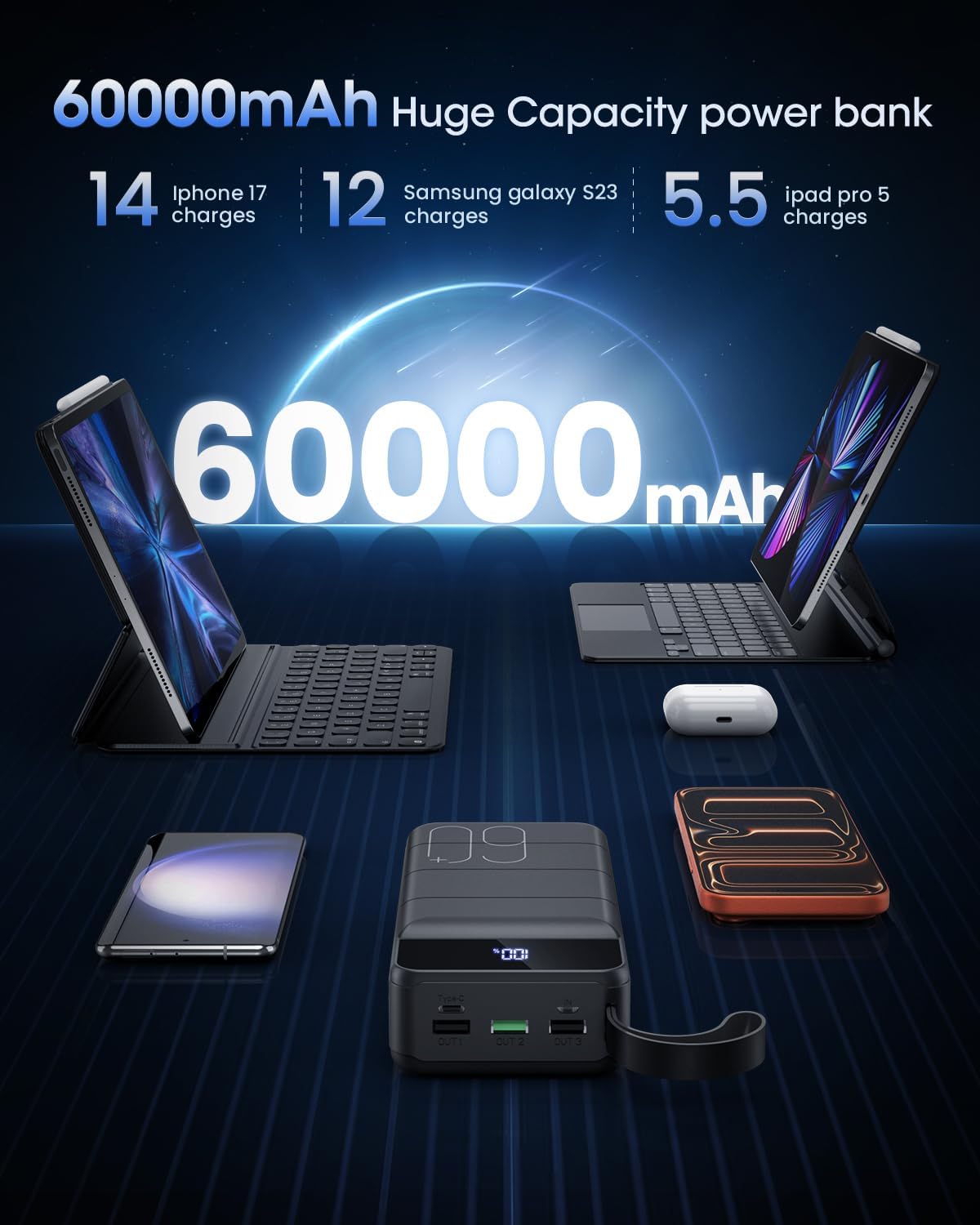 CARGADOR PORTÁTIL 60000MAH BANCO DE ENERGÍA - CARGA RÁPIDA 22.5W PAQUETE DE BATERÍA EXTERNA, PANTALLA LED USB C CARGADOR - 2