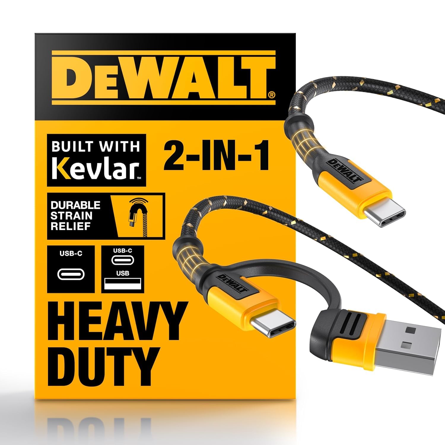 DEWALT CABLE DE CARGA 2 EN 1 RESISTENTE, USB C A USBC CON ADAPTADOR USB, CARGA RÁPIDA PD DE 60 W Y SINCRONIZACIÓN DE DATOS, - 1