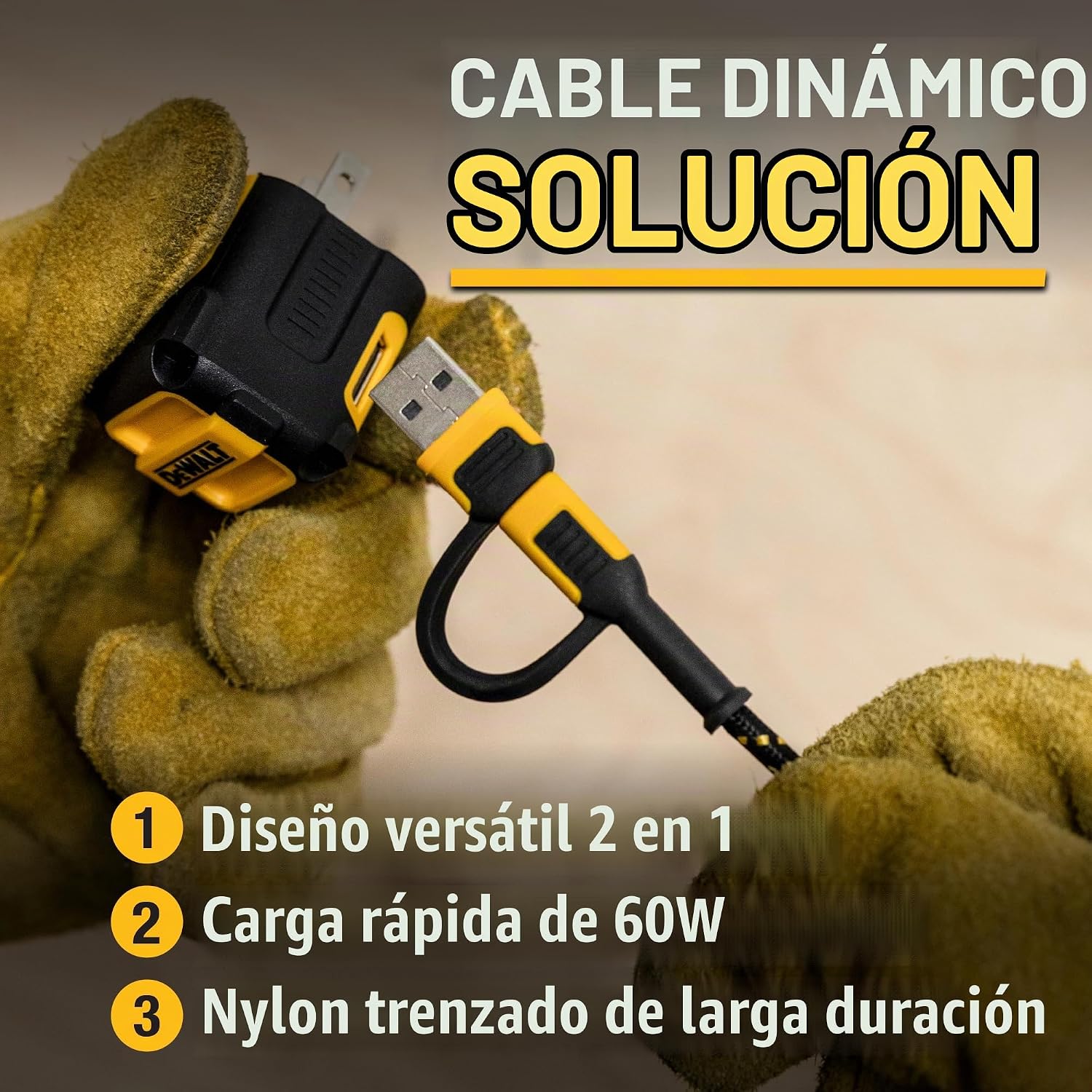 DEWALT CABLE DE CARGA 2 EN 1 RESISTENTE, USB C A USBC CON ADAPTADOR USB, CARGA RÁPIDA PD DE 60 W Y SINCRONIZACIÓN DE DATOS, - 2