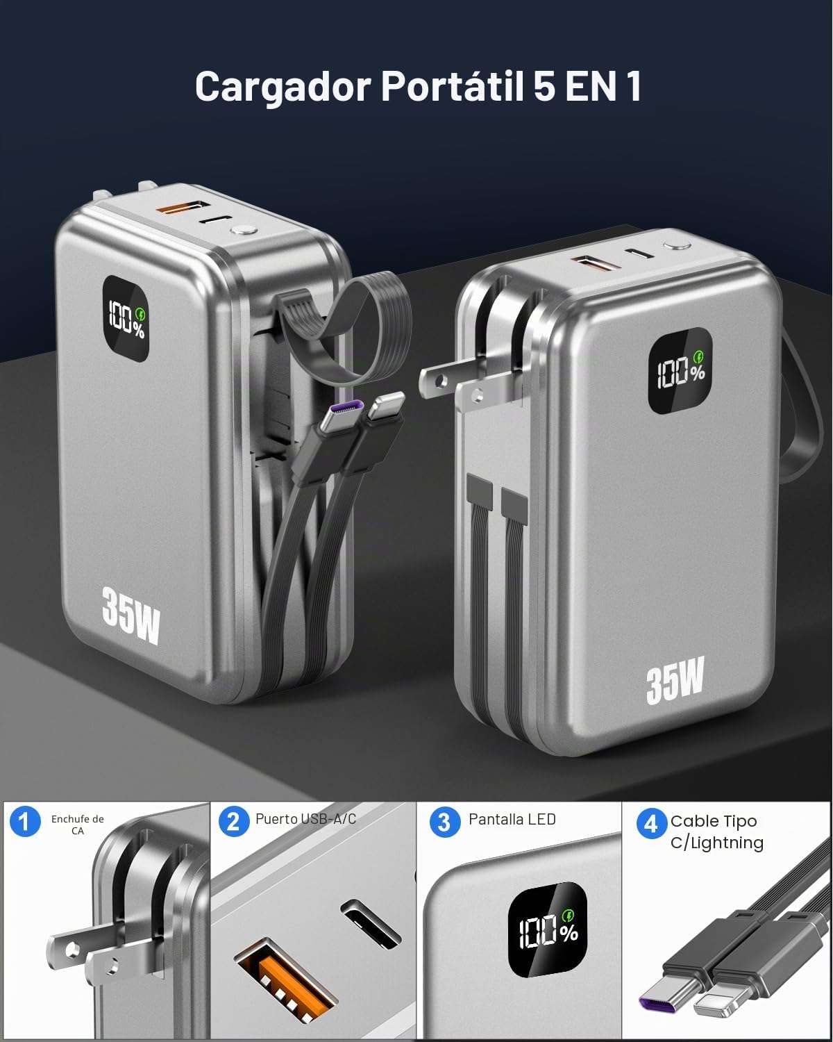 CARGADOR PORTÁTIL DE LUZ LED POWER BANK 30000MAH - BATERÍA EXTERNA AL AIRE LIBRE - POWERBANK CON LINTERNA LED Y GRAN - 2