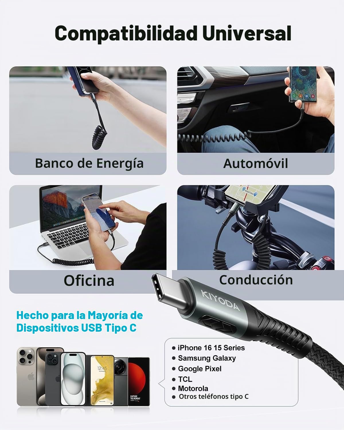 CABLE USB C A USB C EN ESPIRAL DE 3 PIES, 2 UNIDADES, CARGADOR TRENZADO - 7