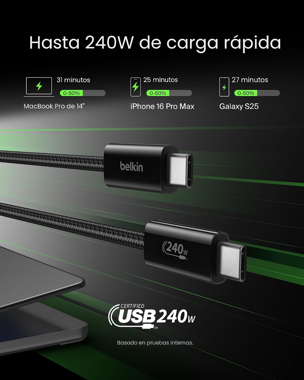 BELKIN PAQUETE DE 2 CABLES USB C A USB C, 6.6 PIES, 240 W, CARGADOR TIPO C, CABLE DE CARGA PARA IPHONE, SUAVE, TRENZADO, - 2