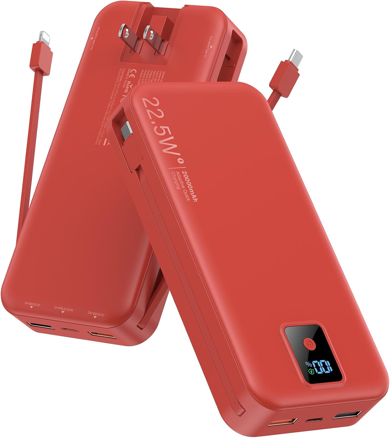 CARGADOR PORTÁTIL, 20000MAH 22.5W BANCO DE ENERGÍA DE CARGA RÁPIDA CON CABLES INTEGRADOS Y ENCHUFE DE PARED, PAQUETE - 1