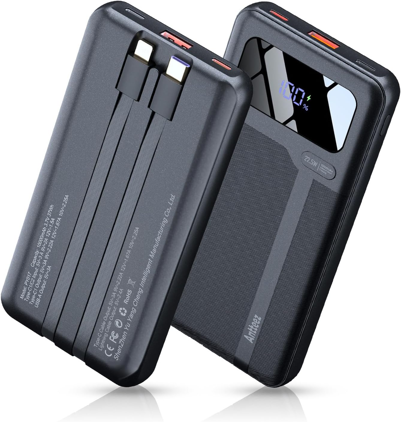 ANTTEEZ CARGADOR PORTÁTIL DE 10,000 MAH, CARGADOR DE BATERÍA DE CARGA RÁPIDA CON CABLES INTEGRADOS, BATERÍA DE VIAJE USB C - 1