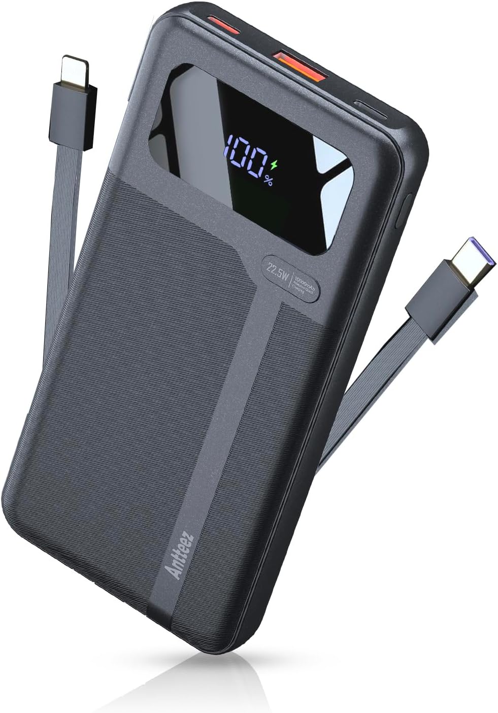 ANTTEEZ CARGADOR PORTÁTIL DE 10,000 MAH, CARGADOR DE BATERÍA DE CARGA RÁPIDA CON CABLES INTEGRADOS, BATERÍA DE VIAJE USB C - 2