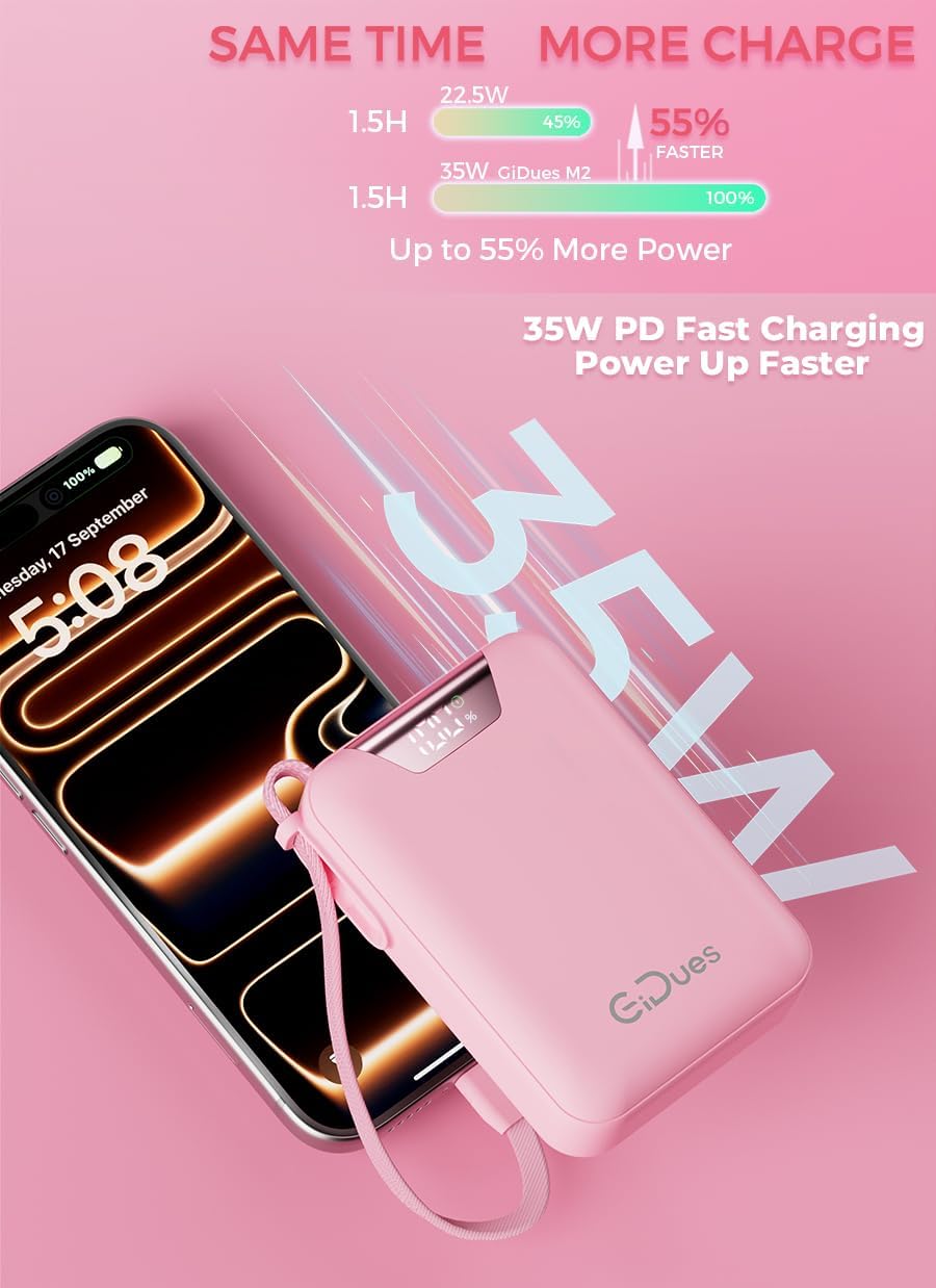 CARGADOR PORTÁTIL M2, BANCO DE ENERGÍA DE 20000 MAH, PD 35 W, CABLE INTEGRADO USB-C ULTRA RÁPIDO, COMPACTO Y BONITO, MINI - 4