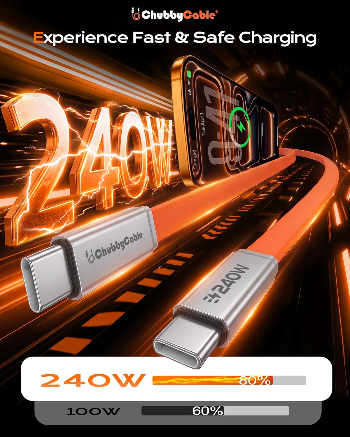 CHUBBYCABLE CABLE PLANO DE SILICONA USB C A USB C DE 240 W, PAQUETE DE 2 - 2