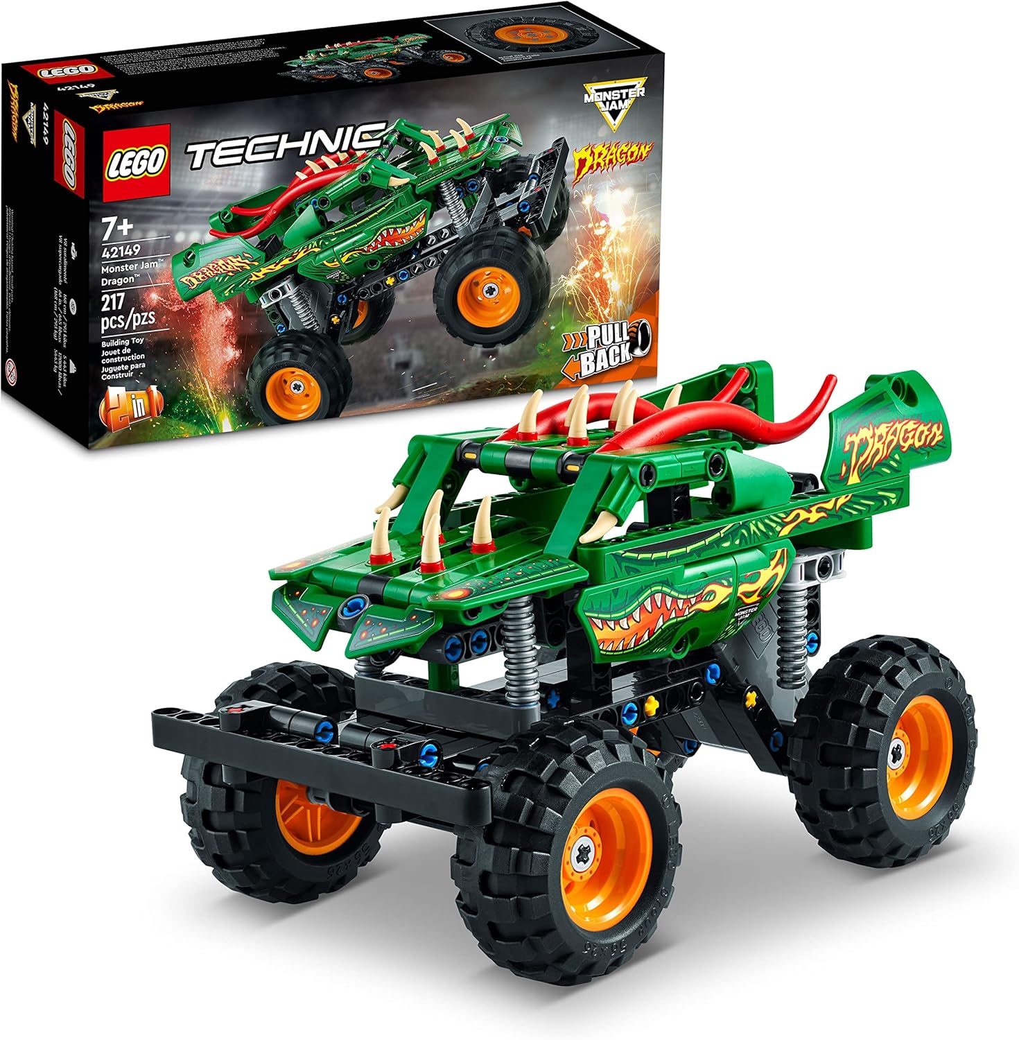 LEGO TECHNIC MONSTER JAM DRAGÓN CAMIÓN MONSTRUO JUGUETE PARA NIÑOS Y NIÑAS, COCHE DE CARRERAS DE 2 EN 1 CON RETROCESO - 1