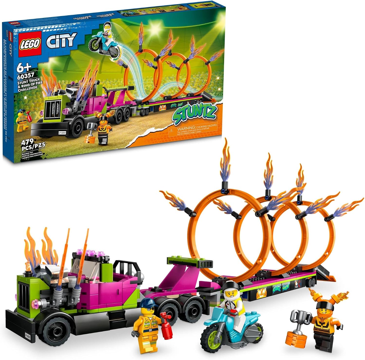 LEGO CITY STUNTZ STUNT TRUCK Y RING OF FIRE CHALLENGE 60357 CON JUGUETE DE MOTOCICLETA IMPULSADO POR VOLANTE Y MINIFIGURAS, - 1