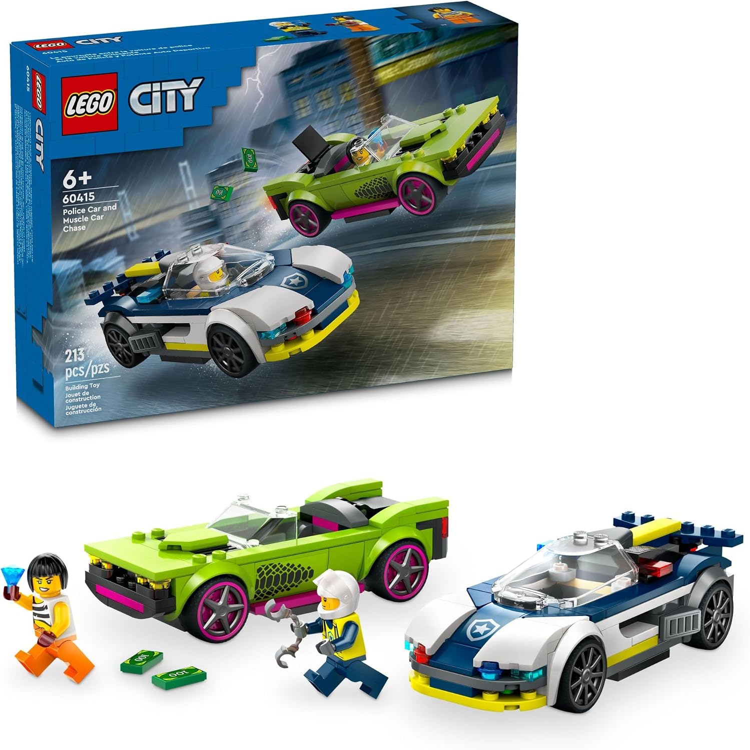 LEGO COCHE DE POLICÍA DE LA CIUDAD Y PERSECUCIÓN DE AUTOS MUSCULARES, JUGUETE DE VEHÍCULO DE EMERGENCIA PARA NIÑOS Y NIÑAS, - 1