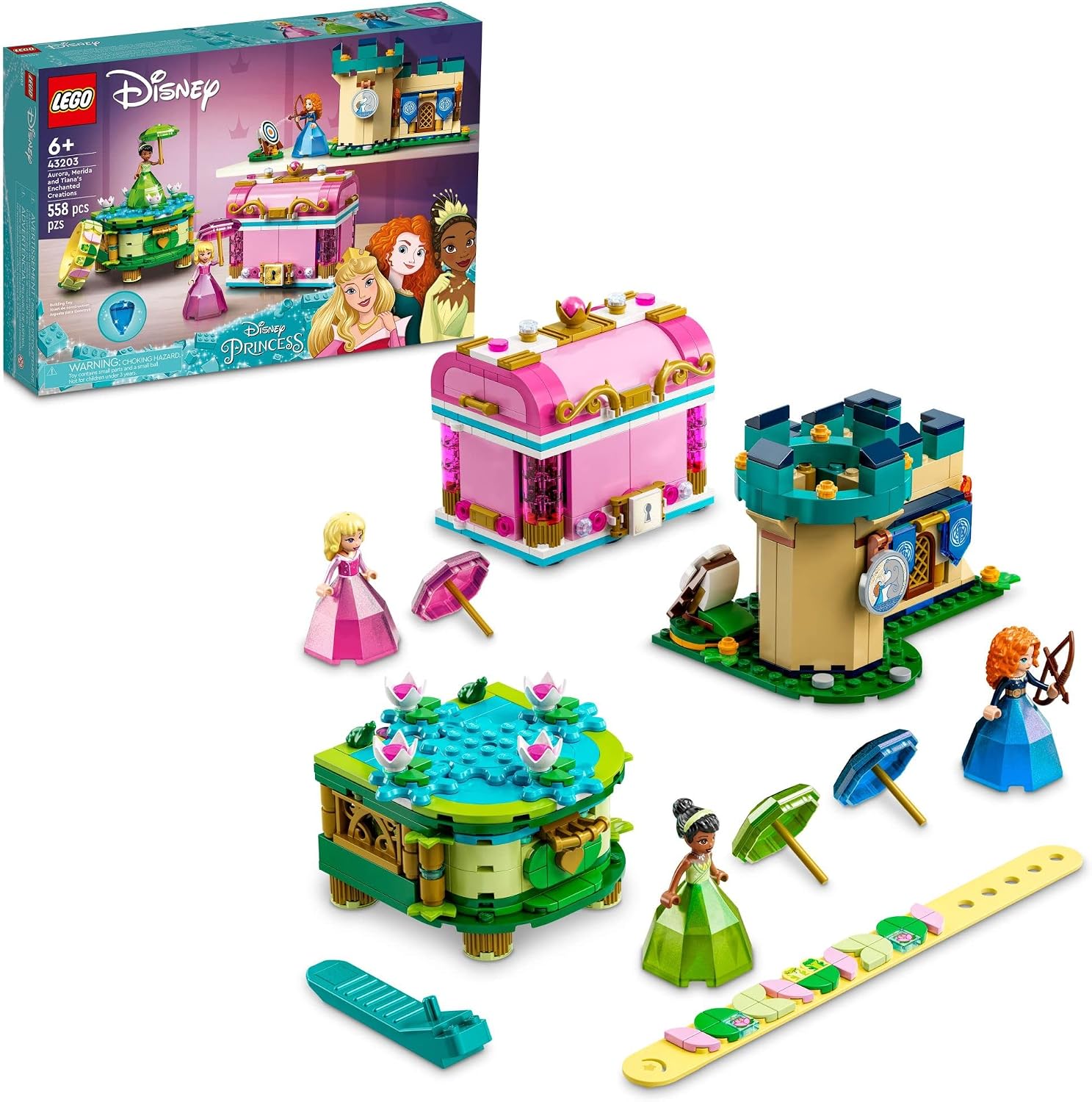 LEGO DISNEY PRINCESS AURORA, MERIDA Y TIANA S ENCHANTED CREATIONS 43203 JUEGO DE VESTIDO DE DIAMANTES CON 2 CAJAS DE JOYERÍA - 1