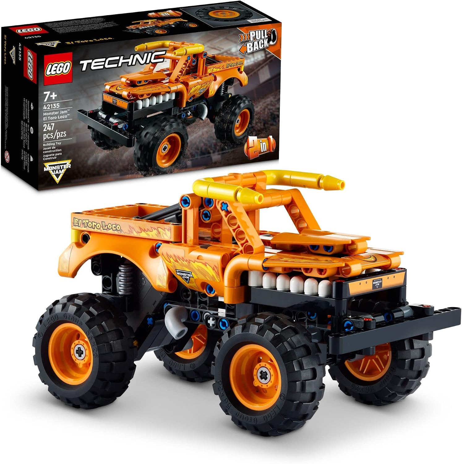 LEGO TECHNIC MONSTER JAM EL TORO LOCO, CAMIÓN DE TRACCIÓN 2 EN 1 A AUTO TODOTERRENO DE JUGUETE 42135, CAMIÓN MONSTRUO Y AUTO - 1