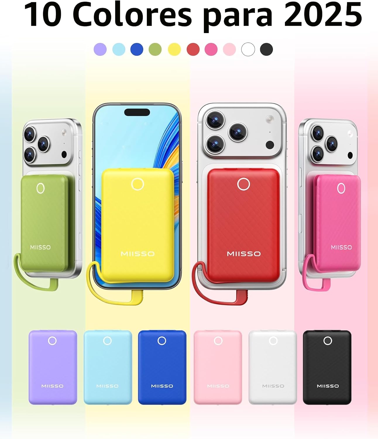 MIISSO CARGADOR PORTÁTIL MINI DE 10000MAH CON CABLE INCORPORADO, BANCO DE ENERGÍA DE TAMAÑO DE BOLSILLO PARA VIAJE, PAQUETE - 7