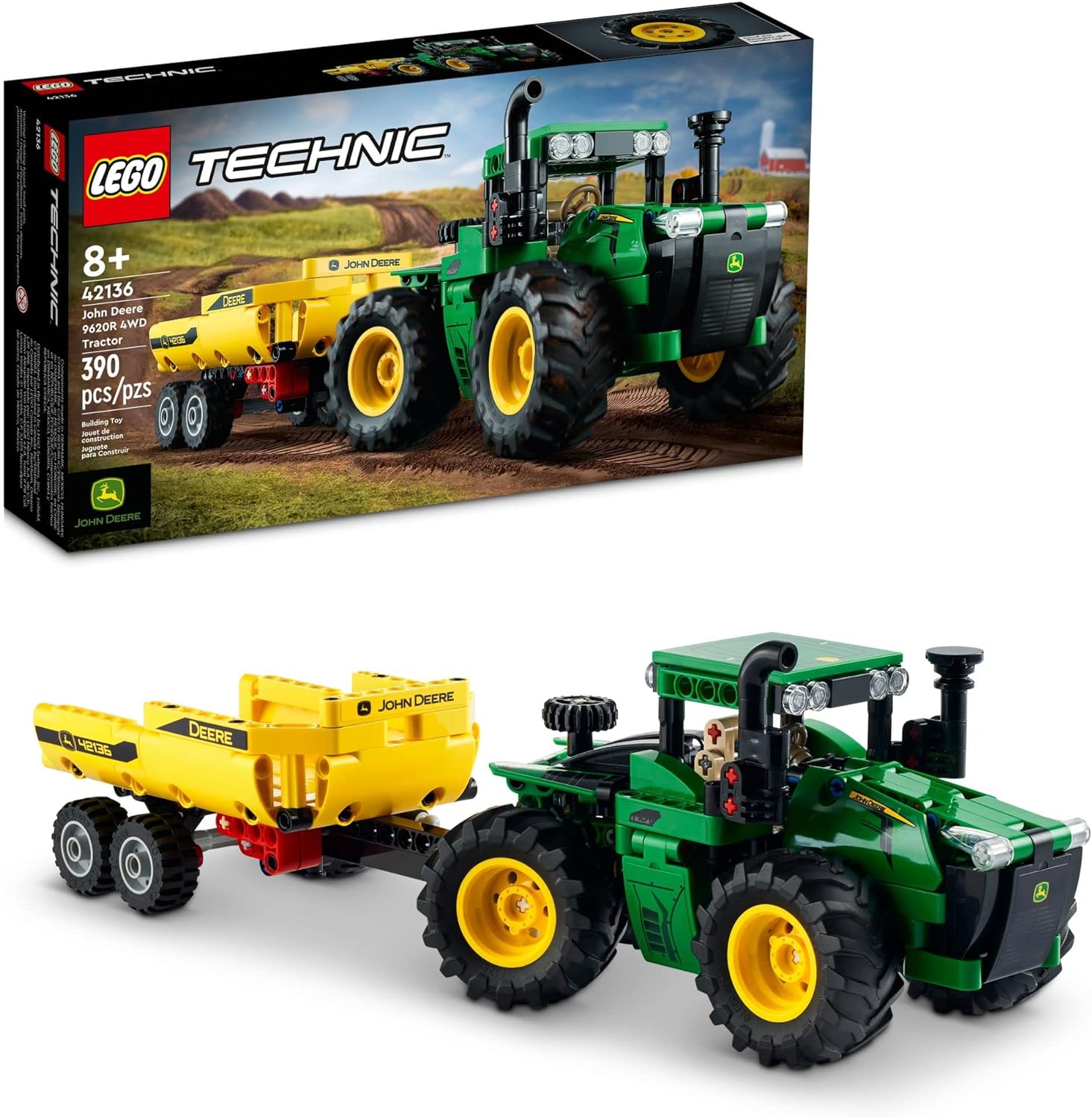 LEGO TECHNIC JOHN DEERE 9620R 4WD TRACTOR TOY 42136 JUGUETE DE CONSTRUCCIÓN MODELO COLECCIONABLE CON REMOLQUE, CON DETALLES - 1
