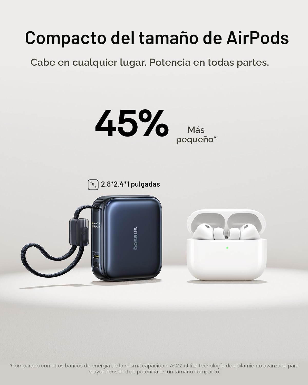 BASEUS PICOGO AC22 - MINI BANCO DE ENERGÍA, 10000 MAH, 45 W, PD PORTÁTIL, CABLE USB-C INTEGRADO, BATERÍA DE TAMAÑO ULTRA - 2