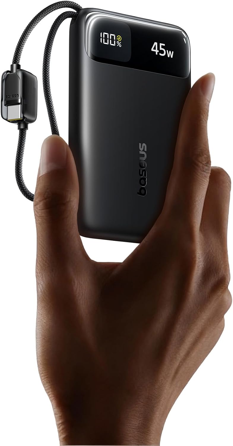 BASEUS BANCO DE ENERGÍA ULTRA DELGADO DE 45 W, 10000 MAH, CABLES USB-C INTEGRADOS, CARGADOR PORTÁTIL CERTIFICADO CCC, - 1