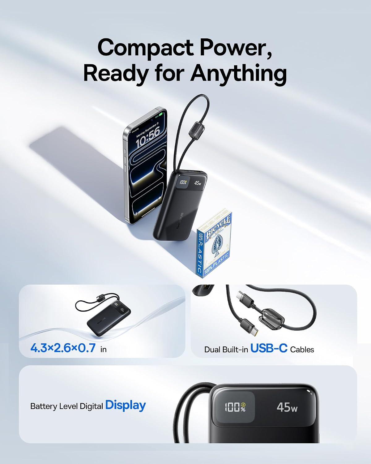 BASEUS BANCO DE ENERGÍA ULTRA DELGADO DE 45 W, 10000 MAH, CABLES USB-C INTEGRADOS, CARGADOR PORTÁTIL CERTIFICADO CCC, - 2