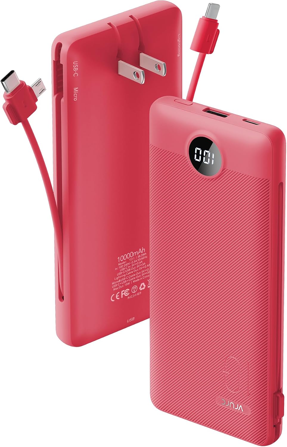 CARGADOR PORTÁTIL CON CABLES INTEGRADOS Y ENCHUFE DE PARED AC, VRURC POWER BANK USB C DE 10000MAH, BATERÍA PORTÁTIL - 1