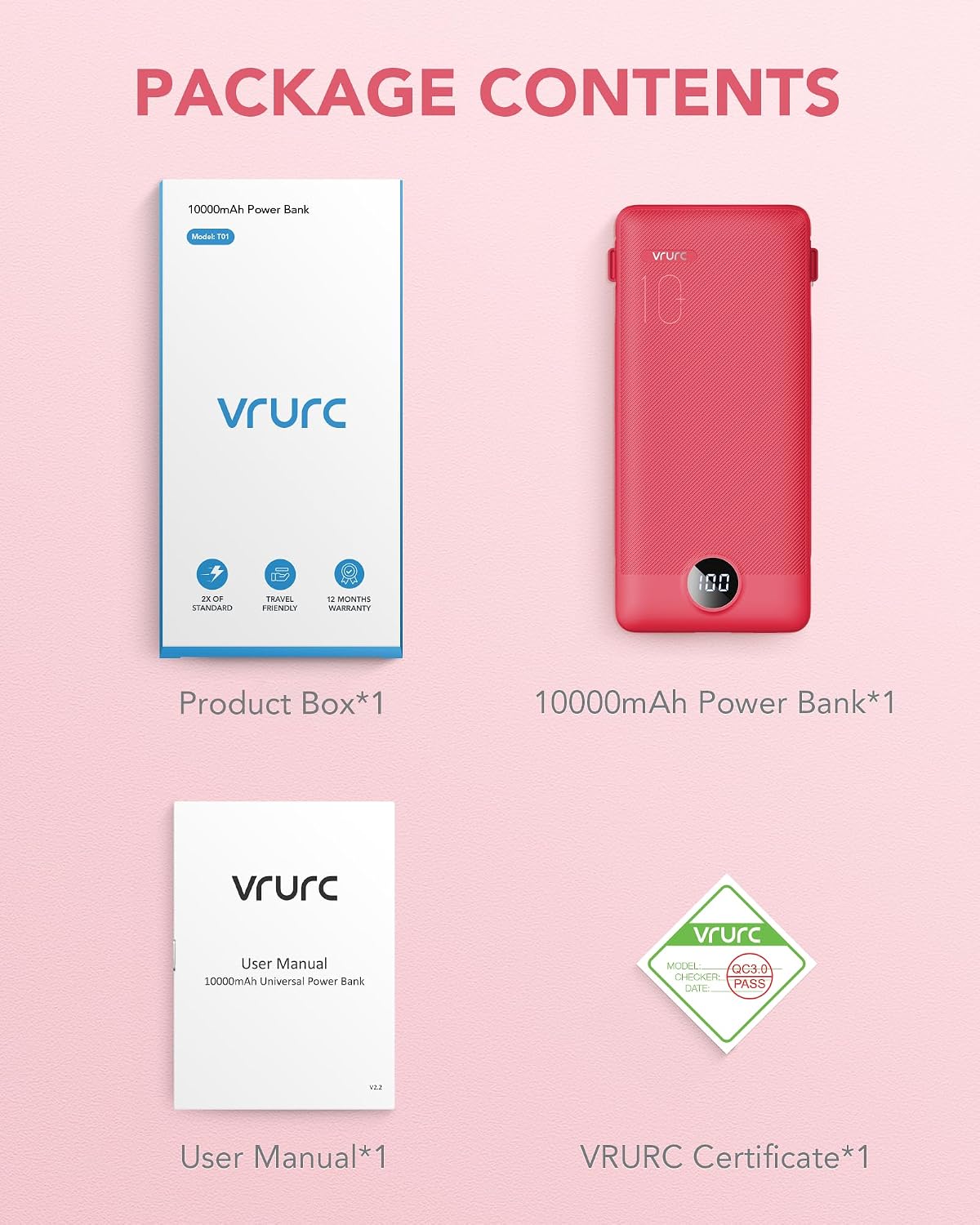 CARGADOR PORTÁTIL CON CABLES INTEGRADOS Y ENCHUFE DE PARED AC, VRURC POWER BANK USB C DE 10000MAH, BATERÍA PORTÁTIL - 7