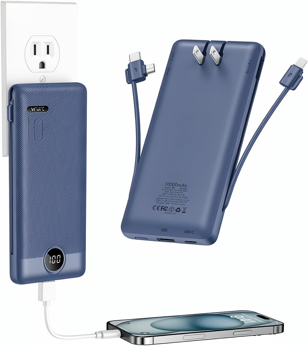 VRURC CARGADOR PORTÁTIL CON CABLES INTEGRADOS Y ENCHUFE DE PARED DE CA, CARGADOR DE BATERÍA USB C DE 10000 MAH, BATERÍA - 1