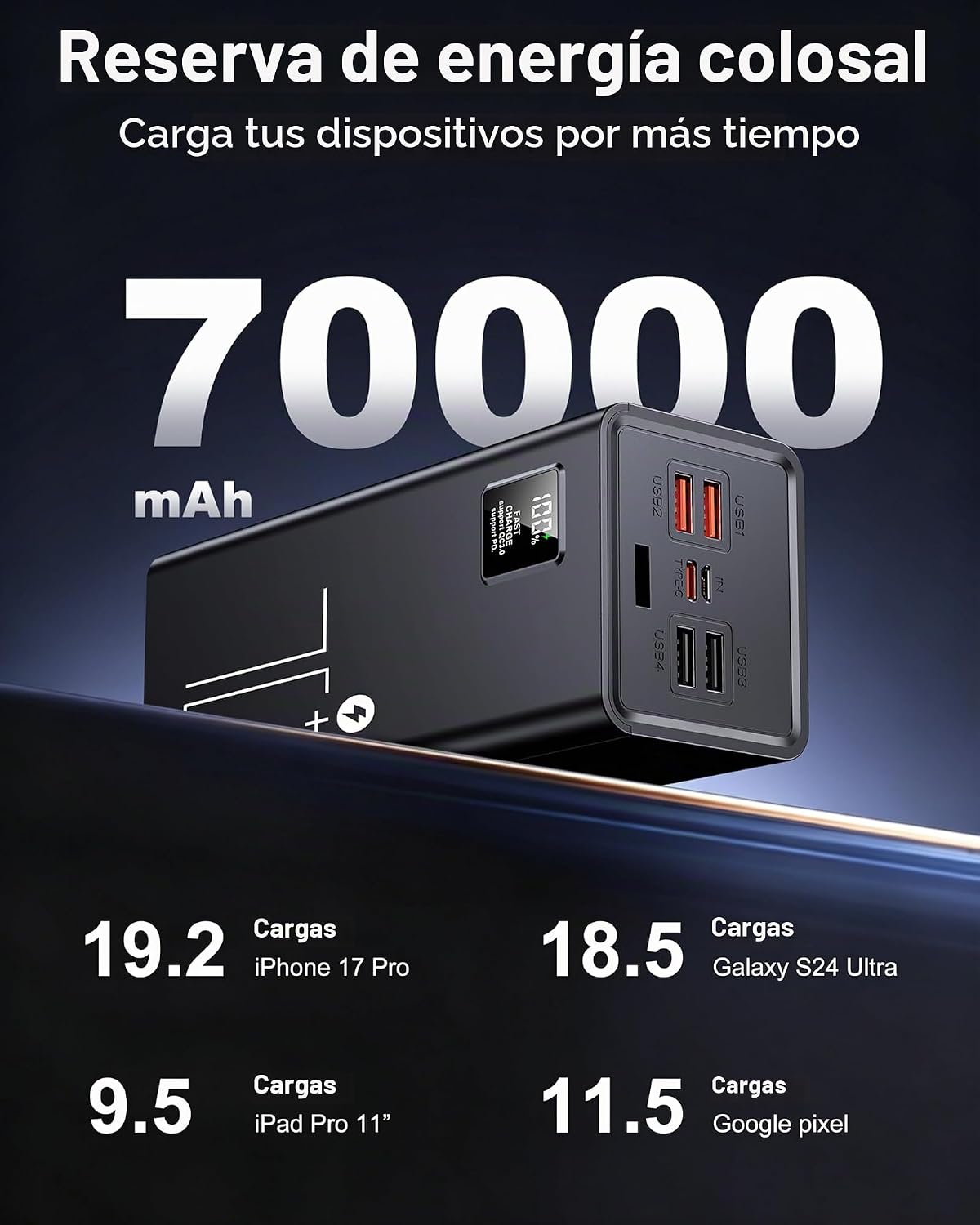 CARGADOR PORTÁTIL DE 70000 MAH, 30 W PD QC 3.0 CARGADOR DE ENERGÍA DE CARGA RÁPIDA, BATERÍA EXTERNA DE ALTA CAPACIDAD CON 5 - 2