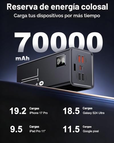 CARGADOR PORTÁTIL DE 70000 MAH, 30 W PD QC 3.0 CARGADOR DE ENERGÍA DE CARGA RÁPIDA, BATERÍA EXTERNA DE ALTA CAPACIDAD CON 5 - 7