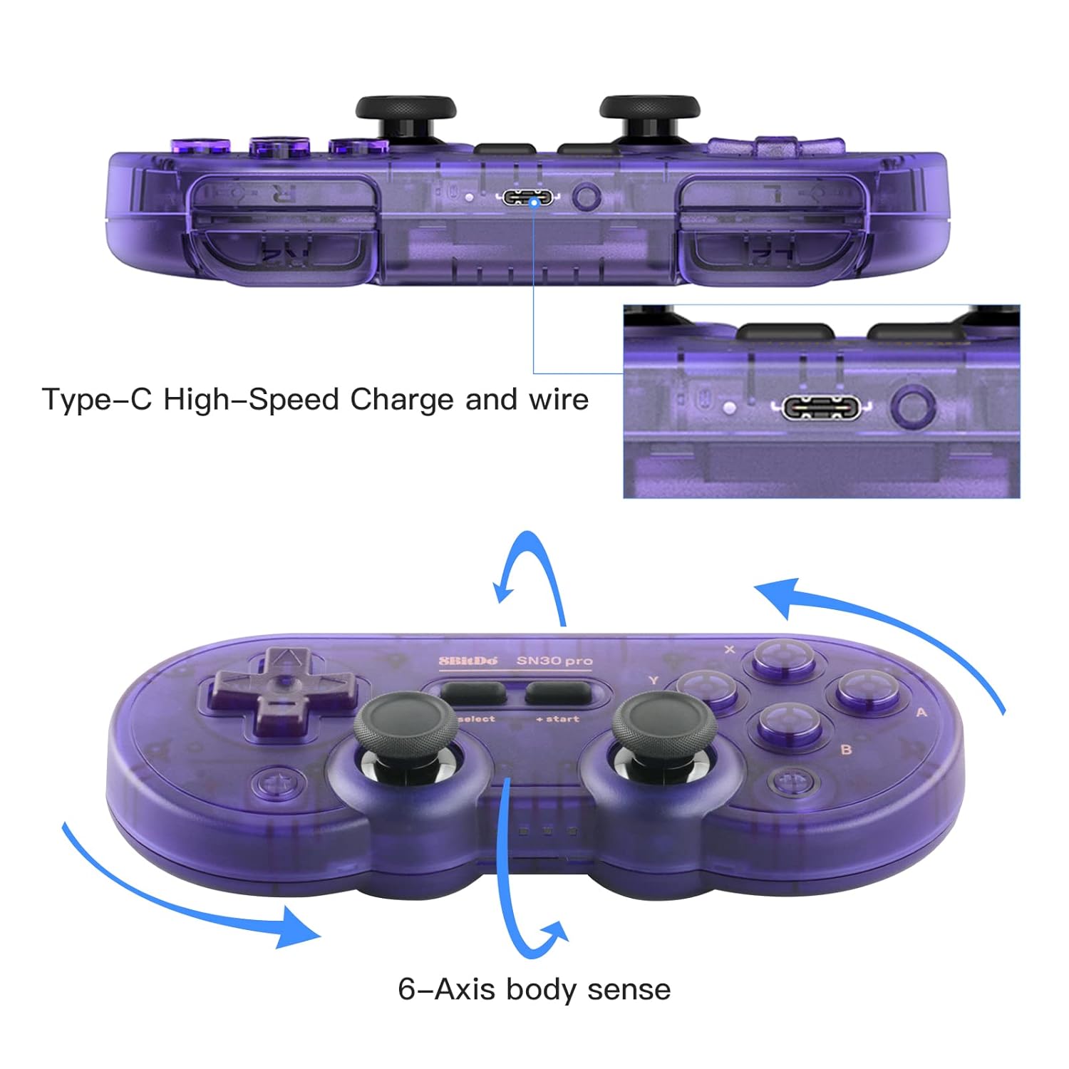 8BITDO SN30 PRO WIRELESS BLUETOOTH CONTROLLER HALL EFFECT JOYSTICK UPDATE WITH RUMBLE VIBRATION USB-C CABLE GAMEPAD - 4