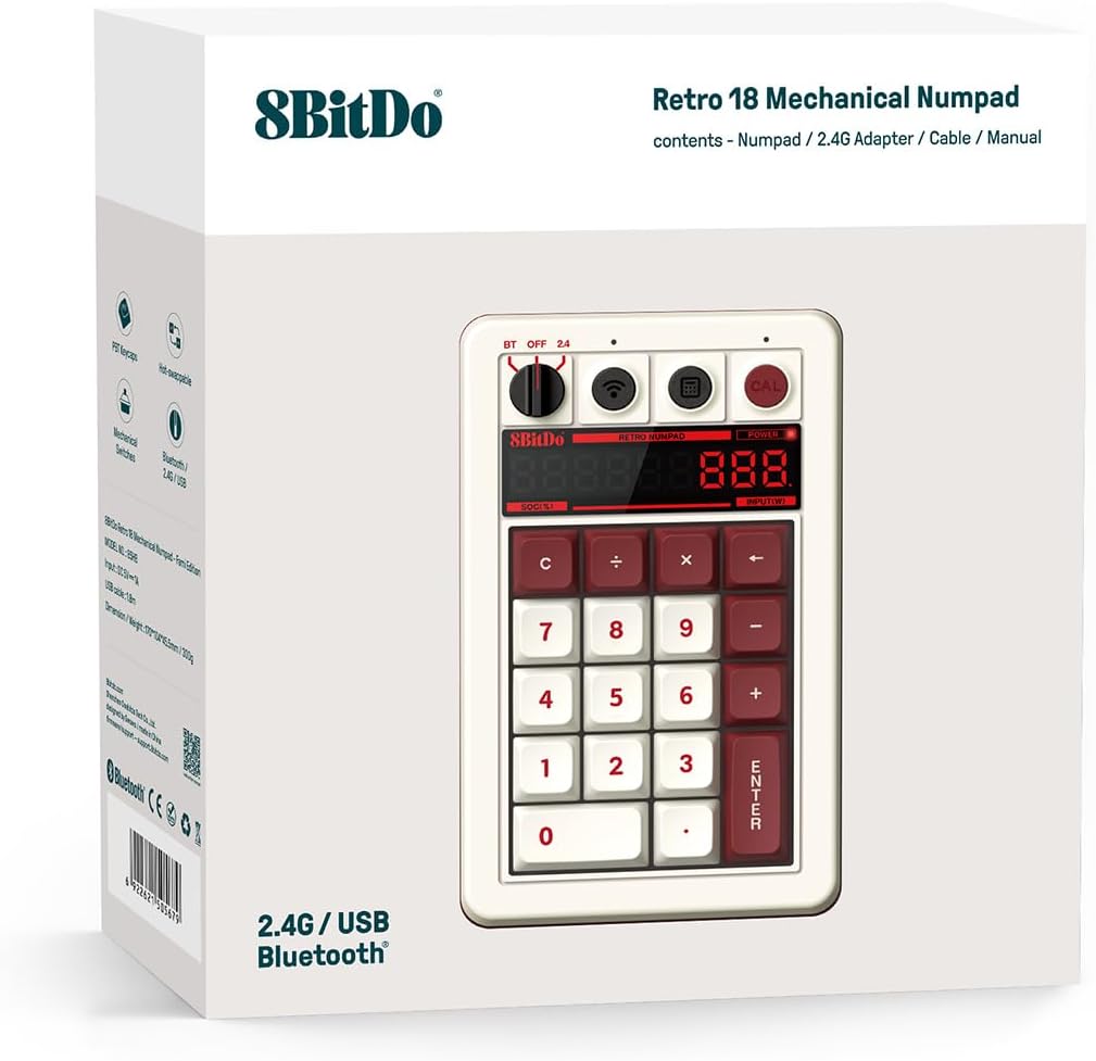 8BITDO RETRO 18 MECHANICAL NUMPAD, SUPPORTS CALCULATOR MODE, BLUETOOTH/2.4G/WIRED NUMPAD FOR WINDOWS AND ANDROID - FAMI - 4
