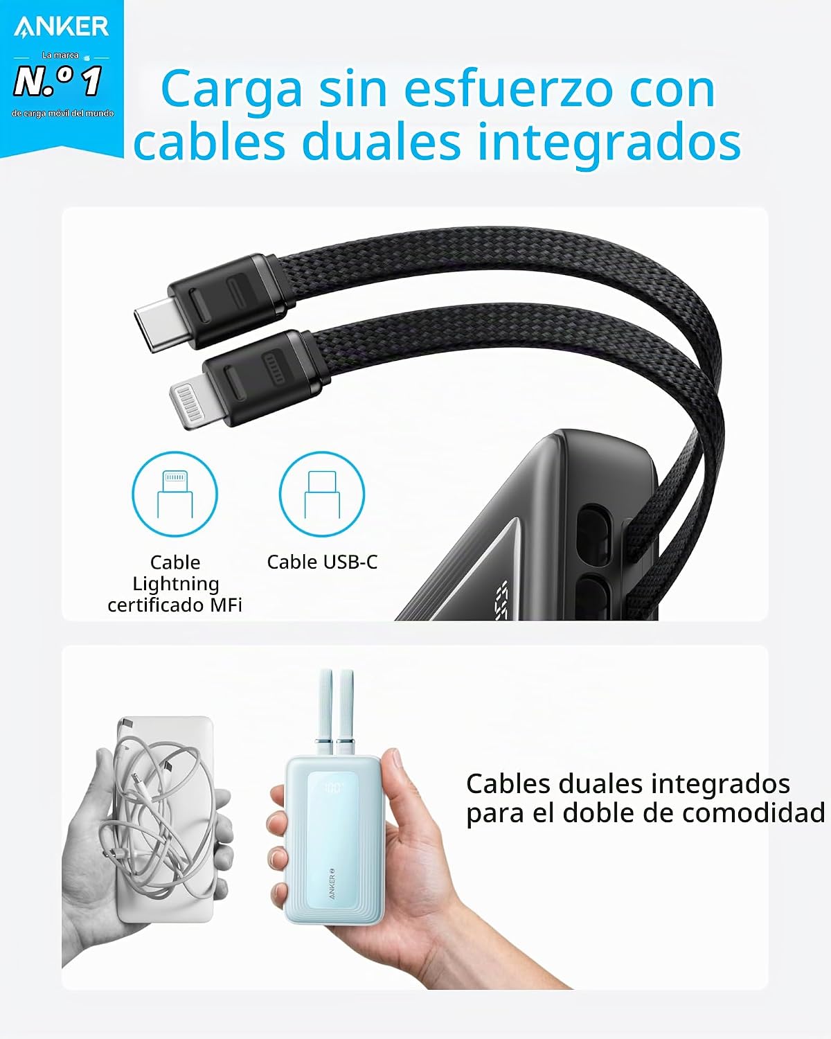 ANKER BANCO DE ENERGÍA, CARGADOR PORTÁTIL RÁPIDO DE 20,000 MAH 30 W MÁXIMO CON CABLES LIGHTNING INTEGRADOS CON CERTIFICACIÓN - 1