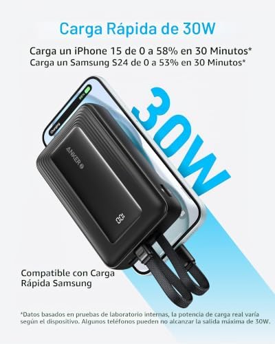 ANKER BANCO DE ENERGÍA, CARGADOR PORTÁTIL RÁPIDO DE 20,000 MAH 30 W MÁXIMO CON CABLES LIGHTNING INTEGRADOS CON CERTIFICACIÓN - 7