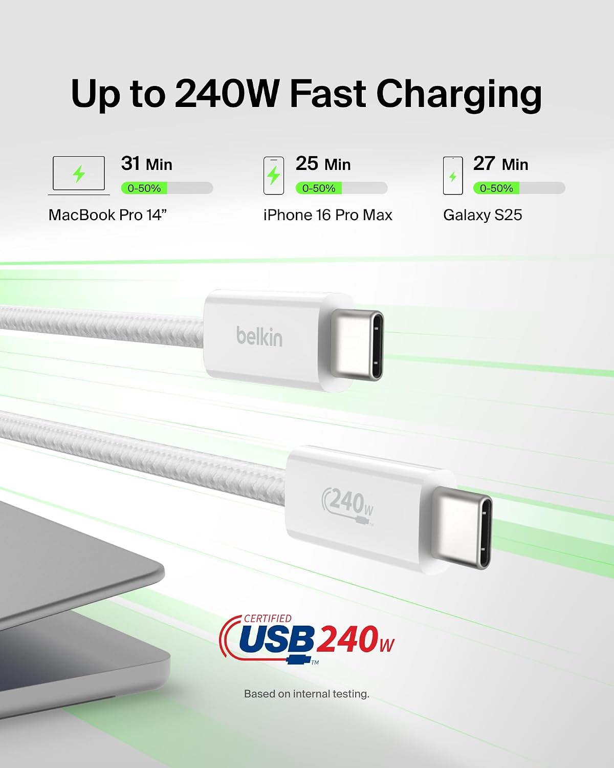 BELKIN CABLE USB C A USB C, 3.3 PIES, 240 W - CARGADOR TIPO C, CABLE DE CARGA PARA IPHONE, SUAVE, TRENZADO, FLEXIBLE - 2