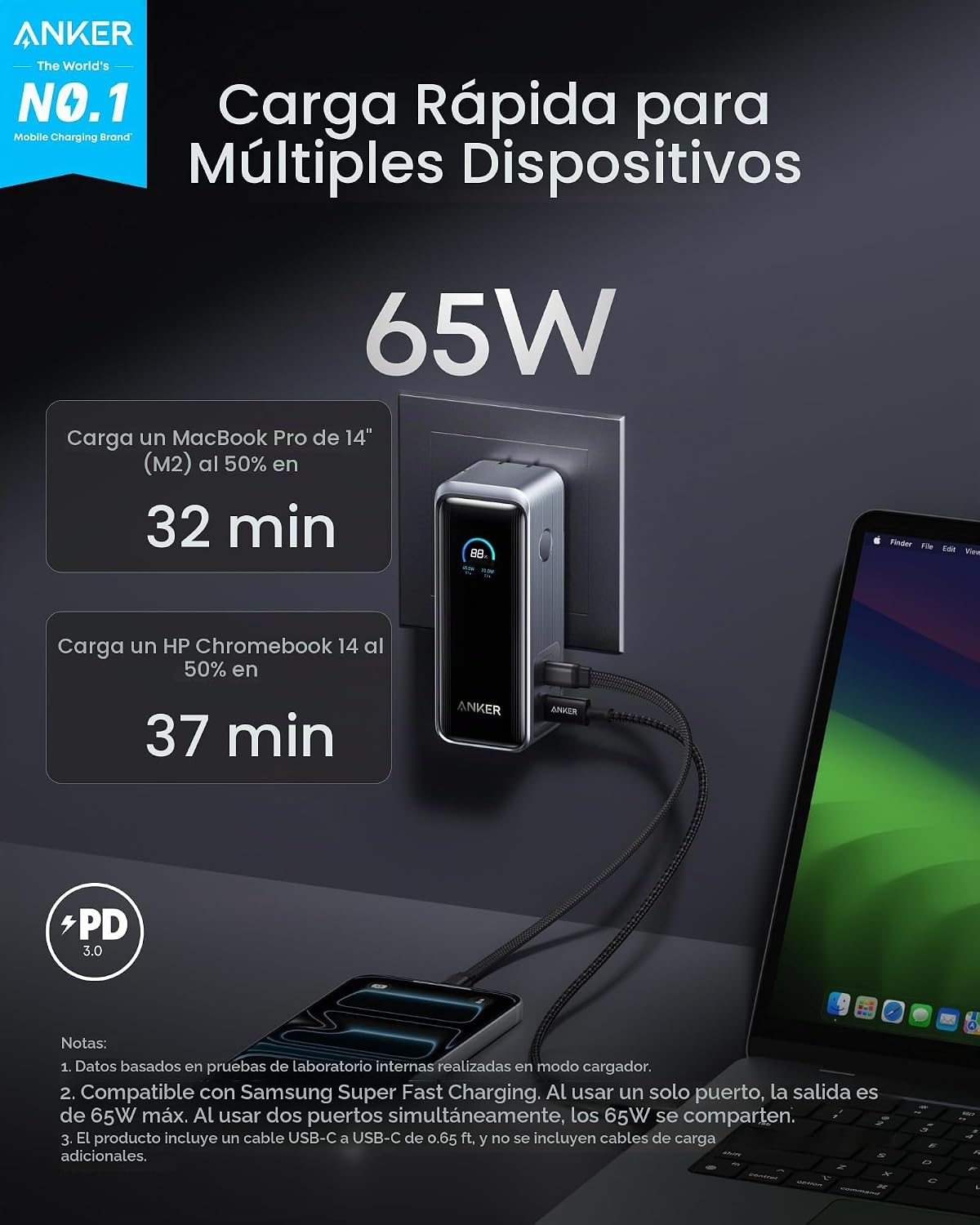 ANKER PRIME POWER BANK, PAQUETE DE BATERÍA DE 9,600 MAH CON CARGADOR DE PARED DE SALIDA DE 65 W, COMPATIBLE CON PD 3.0 - 2