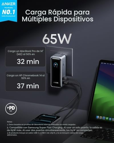 ANKER PRIME POWER BANK, PAQUETE DE BATERÍA DE 9,600 MAH CON CARGADOR DE PARED DE SALIDA DE 65 W, COMPATIBLE CON PD 3.0 - 7