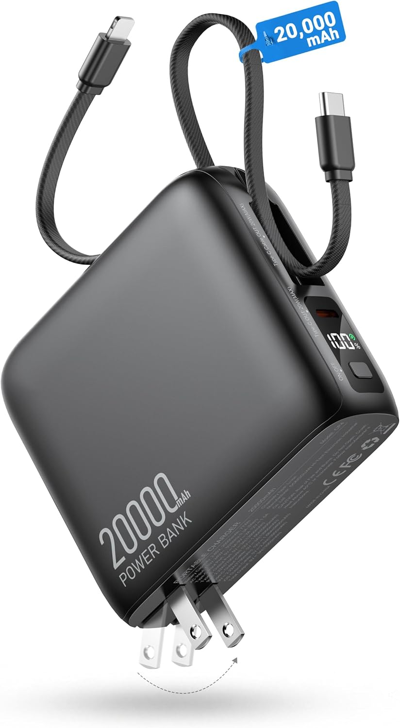 PORTABLE CHARGER 20000MAH 22.5W POWER BANK BUILT IN CABLE AND WALL PLUG - 1
