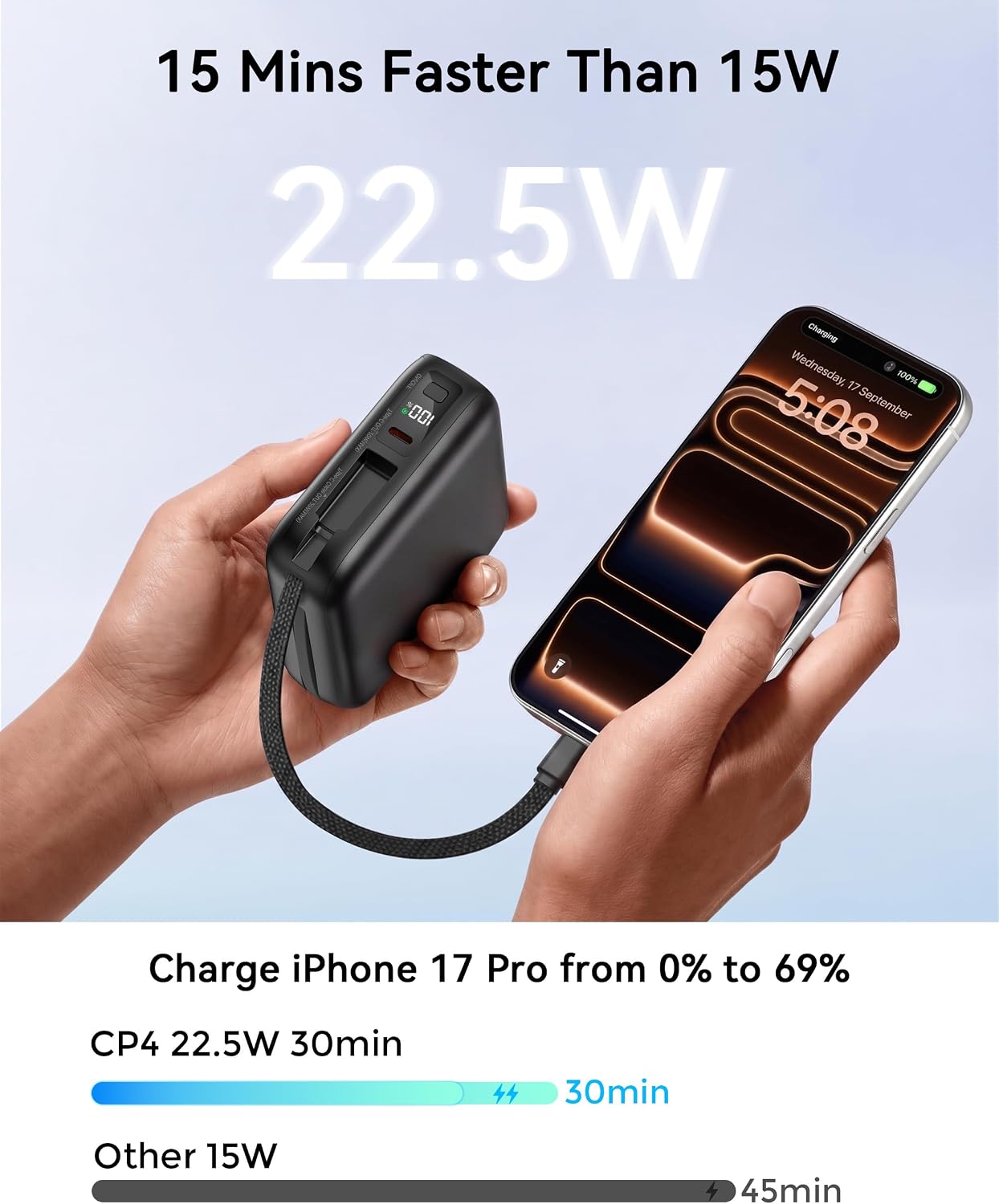 PORTABLE CHARGER 20000MAH 22.5W POWER BANK BUILT IN CABLE AND WALL PLUG - 7