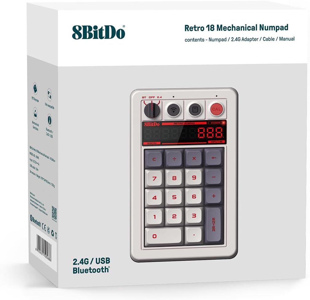 8BITDO RETRO 18 MECHANICAL NUMPAD, SUPPORTS CALCULATOR MODE, BLUETOOTH/2.4G/WIRED NUMPAD FOR WINDOWS AND ANDROID - N EDITION - 4