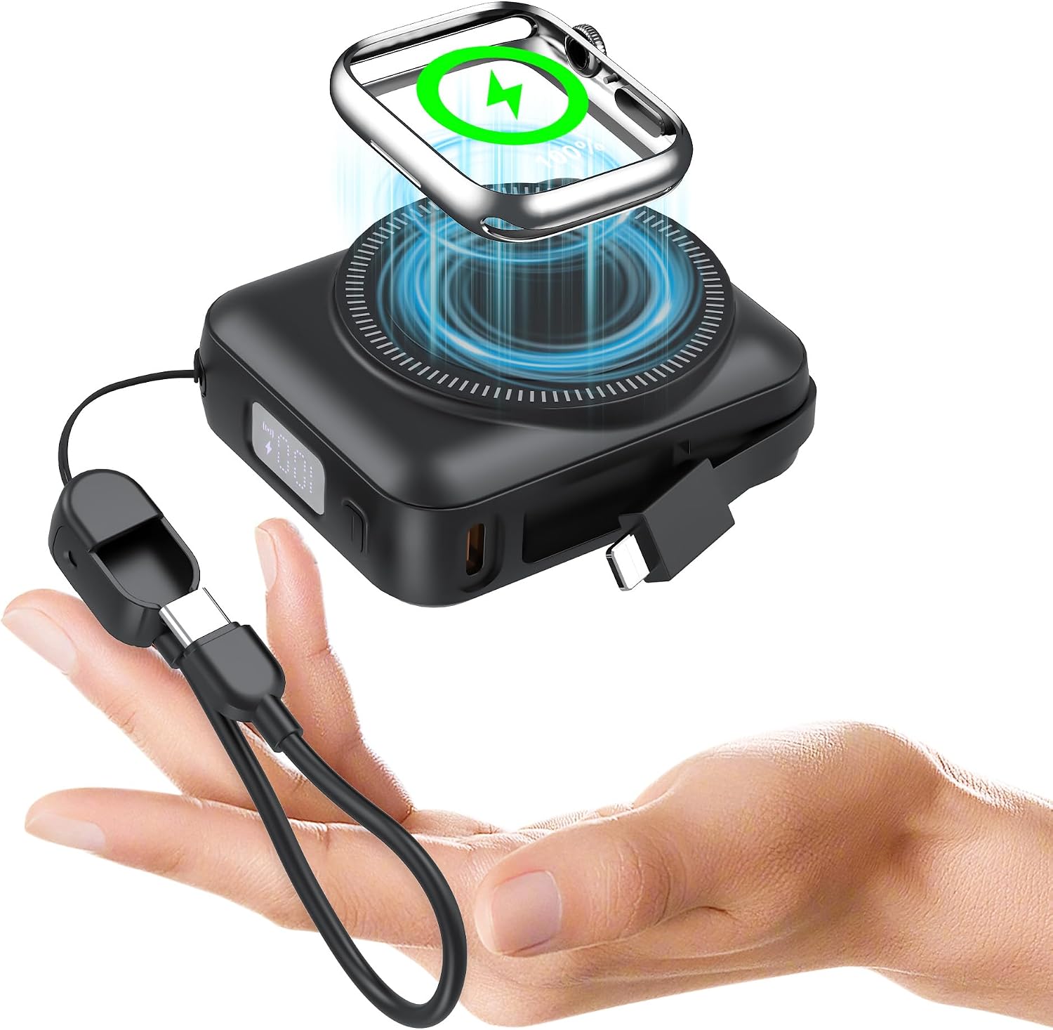 CARGADOR PORTÁTIL DE 20000 MAH DE 22.5 W DE CARGA RÁPIDA PARA IWATCH, CABLES INTEGRADOS, PANTALLA LED, CARGA INALÁMBRICA - 1