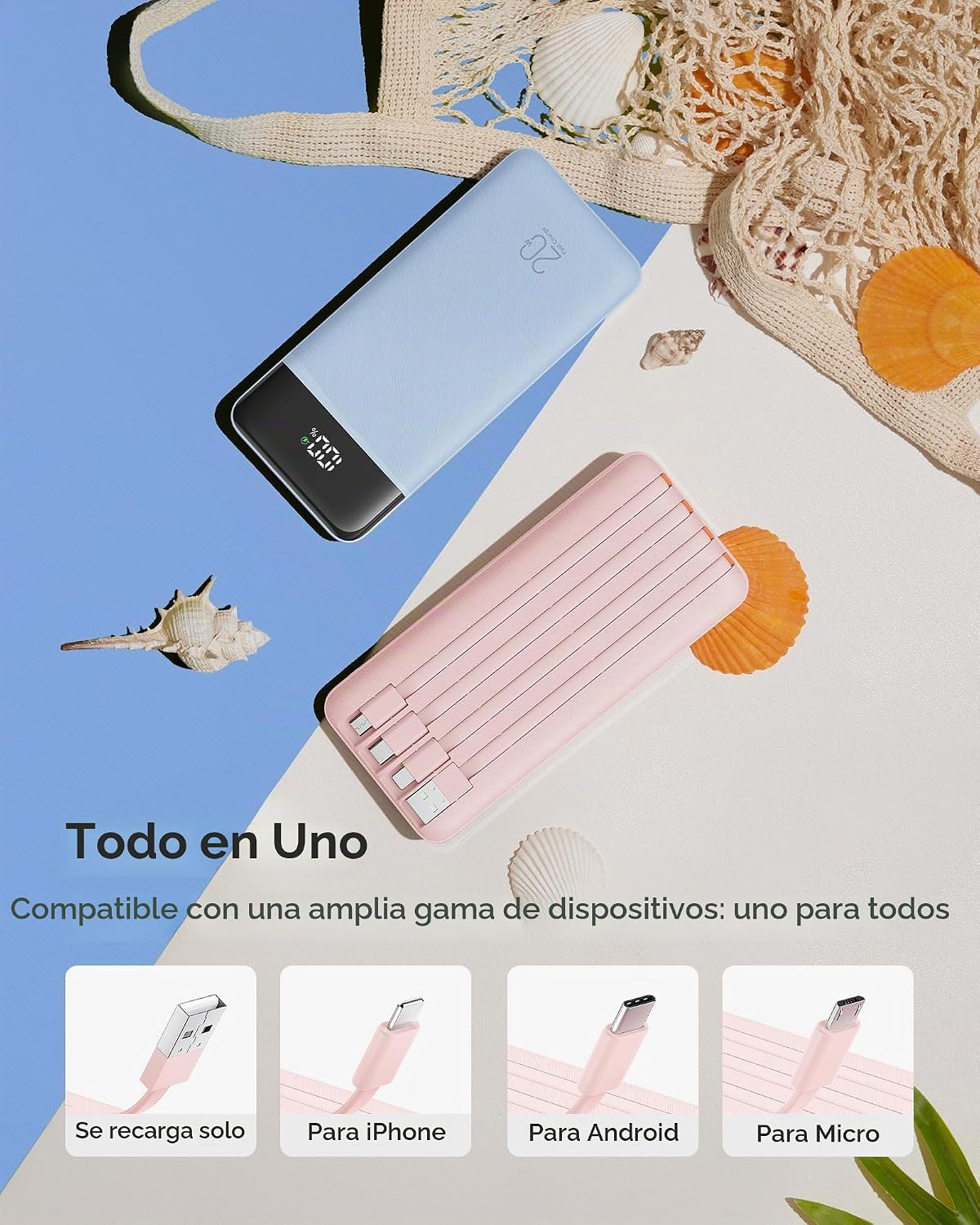 CHARMAST - CARGADOR PORTÁTIL DE 20000 MAH CON CABLES INCORPORADOS, BANCO DE ENERGÍA DE 22.5W PARA VIAJES CON CARGA RÁPIDA, - 2