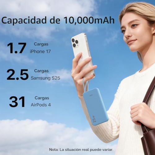 NOBIS CARGADOR PORTÁTIL DE 10000 MAH 25 W, BATERÍA DE CARGA RÁPIDA CON CABLE TIPO C INTEGRADO, ENTRADA USB-C, SALIDA USB-A - 6