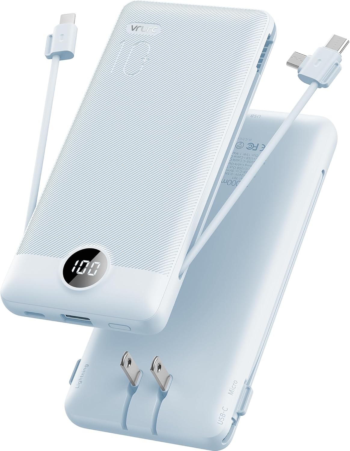 VRURC - CARGADOR PORTÁTIL CON CABLES INTEGRADOS Y ENCHUFE DE PARED AC, BANCO DE ENERGÍA USB C DE 10000 MAH, CARGADOR - 1