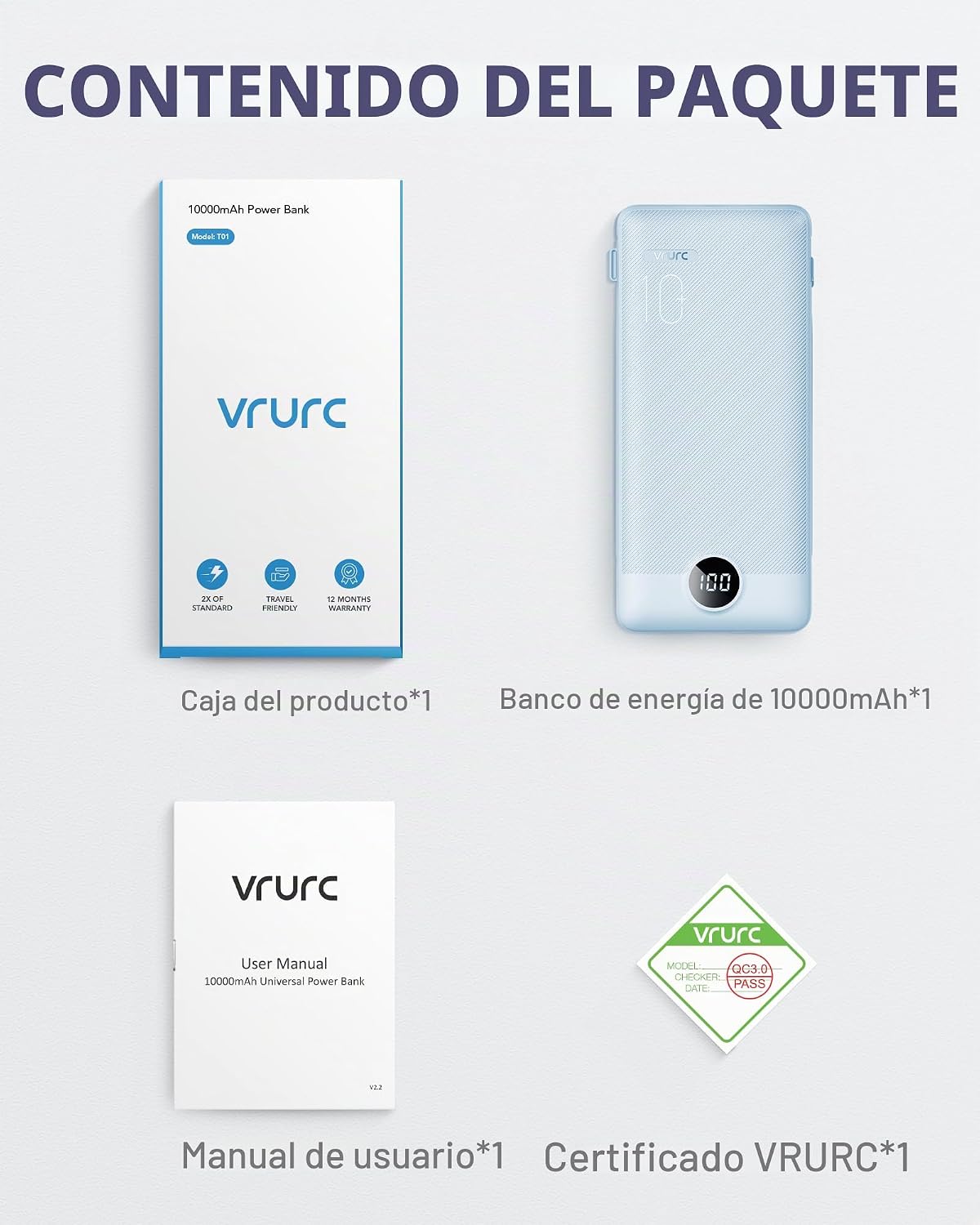 VRURC - CARGADOR PORTÁTIL CON CABLES INTEGRADOS Y ENCHUFE DE PARED AC, BANCO DE ENERGÍA USB C DE 10000 MAH, CARGADOR - 5