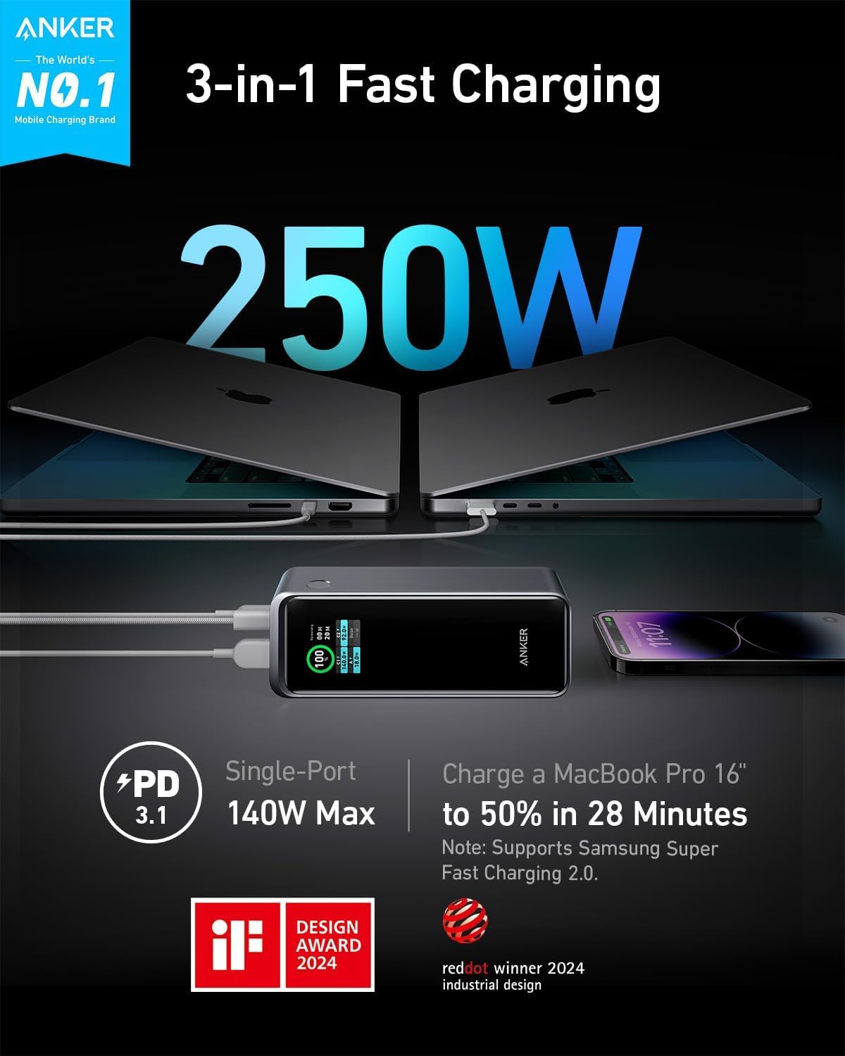 ANKER PRIME POWER BANK, CARGADOR PORTÁTIL DE 27,650 MAH DE 3 PUERTOS Y 250 - 2